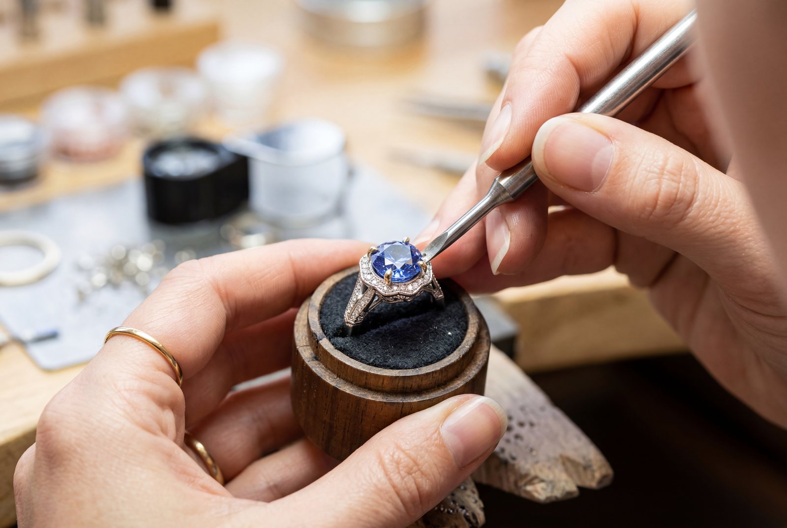 Jeweler setting a gemstone in a ring